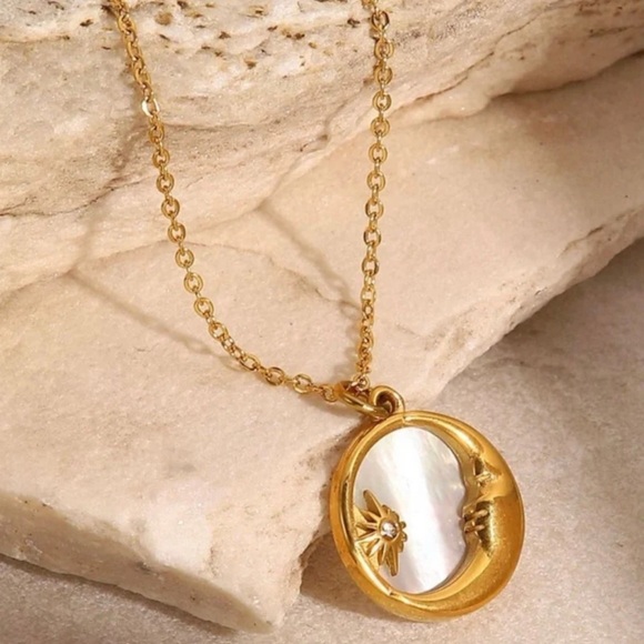 “Mother of Pearl Moon & Star” White Iridescent Shell Crescent Starburst Necklace - Picture 9 of 16